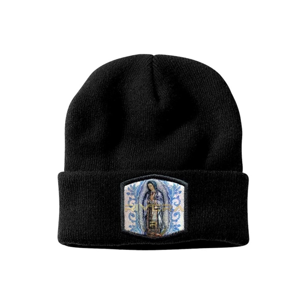 EB Winter Knit Beanie, Virgen de Guadalupe Embroidered Patch, Shiny Metallic Cap